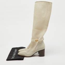 Pre Owned Dior Off White Mesh and Leather Empreinte Montaigne Knee Length Boots Size 36