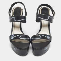 Pre Owned Dior Black Leather Platform Wedge Slingback Sandals Size 39.5