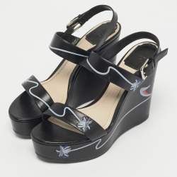 Pre Owned Dior Black Leather Platform Wedge Slingback Sandals Size 39.5