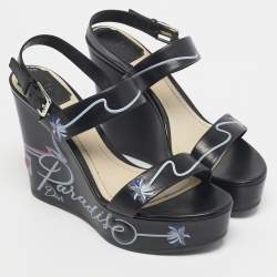 Pre Owned Dior Black Leather Platform Wedge Slingback Sandals Size 39.5