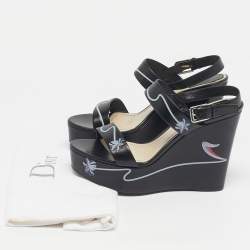 Pre Owned Dior Black Leather Platform Wedge Slingback Sandals Size 39.5