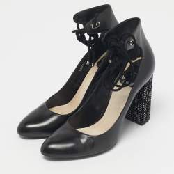 Pre Owned Dior Black Leather Stellar Block Heel Ankle Tie Pumps Size 40