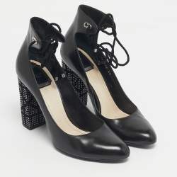 Pre Owned Dior Black Leather Stellar Block Heel Ankle Tie Pumps Size 40