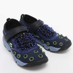 Pre Owned Dior Blue Neoprene and Mesh Fusion Embellished Velcro Strap Sneakers Size 35