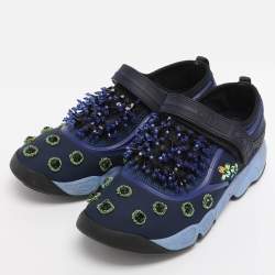 Pre Owned Dior Blue Neoprene and Mesh Fusion Embellished Velcro Strap Sneakers Size 35
