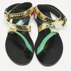Pre Owned Dior Multicolor Snakeskin Ankle Wrap Flat Sandals Size 37