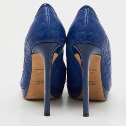 Pre Owned Dior Blue Cannage Leather and Patent Bow Peep Toe Platform Pumps Size 37