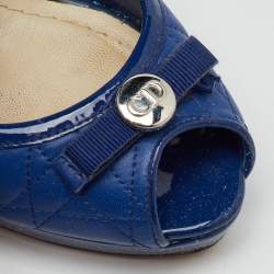 Pre Owned Dior Blue Cannage Leather and Patent Bow Peep Toe Platform Pumps Size 37