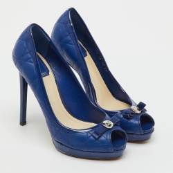 Pre Owned Dior Blue Cannage Leather and Patent Bow Peep Toe Platform Pumps Size 37