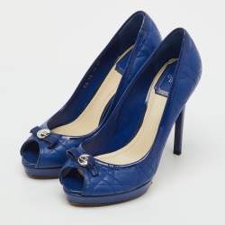 Pre Owned Dior Blue Cannage Leather and Patent Bow Peep Toe Platform Pumps Size 37