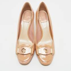 Pre Owned Dior Beige  Patent Leather Logo Round Toe Pumps Size 36