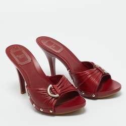 Pre Owned Dior Dark Red Leather Studded Slide Sandals Size 36.5