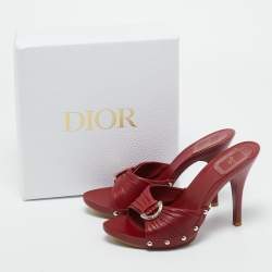 Pre Owned Dior Dark Red Leather Studded Slide Sandals Size 36.5