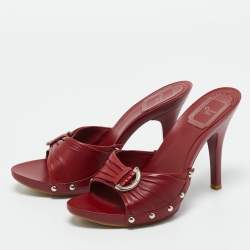 Pre Owned Dior Dark Red Leather Studded Slide Sandals Size 36.5
