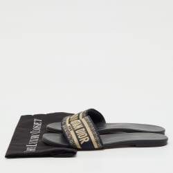 Pre Owned Dior Navy Blue Embroidered Canvas Dway Flat Slide Sandals Size 40