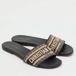 Pre Owned Dior Navy Blue Embroidered Canvas Dway Flat Slide Sandals Size 40