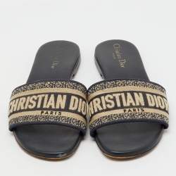 Pre Owned Dior Navy Blue Embroidered Canvas Dway Flat Slide Sandals Size 40