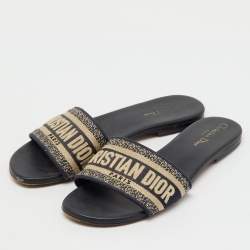 Pre Owned Dior Navy Blue Embroidered Canvas Dway Flat Slide Sandals Size 40