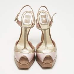 Pre Owned Dior Gold/Purple  Leather Platform Ankle Strap Sandals Size 37