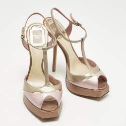 Pre Owned Dior Gold/Purple  Leather Platform Ankle Strap Sandals Size 37