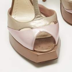 Pre Owned Dior Gold/Purple  Leather Platform Ankle Strap Sandals Size 37