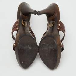 Pre Owned Dior Dark Brown Leather Logo Platform Wooden Clogs Size 37
