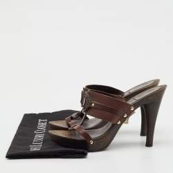 Pre Owned Dior Dark Brown Leather Logo Platform Wooden Clogs Size 37