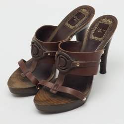 Pre Owned Dior Dark Brown Leather Logo Platform Wooden Clogs Size 37