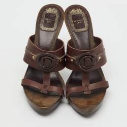 Pre Owned Dior Dark Brown Leather Logo Platform Wooden Clogs Size 37
