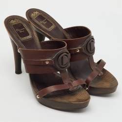 Pre Owned Dior Dark Brown Leather Logo Platform Wooden Clogs Size 37