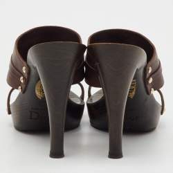 Pre Owned Dior Dark Brown Leather Logo Platform Wooden Clogs Size 37