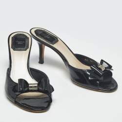 Pre Owned Dior Black Patent Leather Bow Detail Open Toe Slide Sandals Size 36