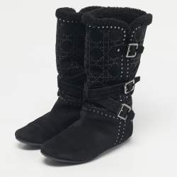Pre Owned Dior Black Suede Studs Mid Calf Riding Boots Size 36