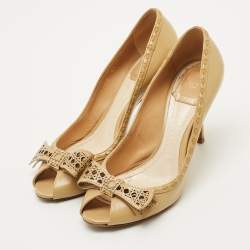 Pre Owned حذاء كعب عالي ديور مقدمة مفتوحة مريحة كاناج جلد بيج فاتح مقاس 35.5