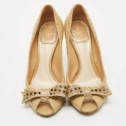 Pre Owned حذاء كعب عالي ديور مقدمة مفتوحة مريحة كاناج جلد بيج فاتح مقاس 35.5