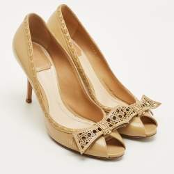 Pre Owned حذاء كعب عالي ديور مقدمة مفتوحة مريحة كاناج جلد بيج فاتح مقاس 35.5