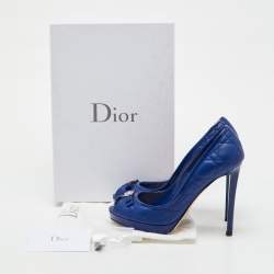 Pre Owned Dior Blue Cannage Leather and Patent Leather Bow Peep Toe Platform Pumps Size 37.5