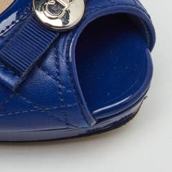 Pre Owned Dior Blue Cannage Leather and Patent Leather Bow Peep Toe Platform Pumps Size 37.5