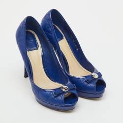Pre Owned Dior Blue Cannage Leather and Patent Leather Bow Peep Toe Platform Pumps Size 37.5