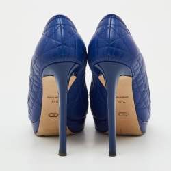 Pre Owned Dior Blue Cannage Leather and Patent Leather Bow Peep Toe Platform Pumps Size 37.5