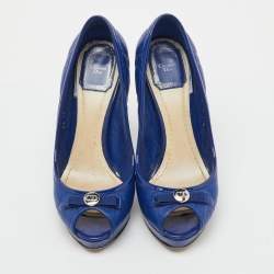 Pre Owned Dior Blue Cannage Leather and Patent Leather Bow Peep Toe Platform Pumps Size 37.5