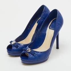 Pre Owned Dior Blue Cannage Leather and Patent Leather Bow Peep Toe Platform Pumps Size 37.5