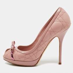 Pre Owned Dior Light Pink Cannage Leather and Patent Leather Bow Peep Toe Platform Pumps Size 37