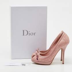Pre Owned Dior Light Pink Cannage Leather and Patent Leather Bow Peep Toe Platform Pumps Size 37