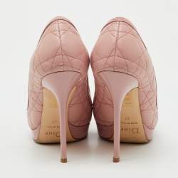 Pre Owned Dior Light Pink Cannage Leather and Patent Leather Bow Peep Toe Platform Pumps Size 37