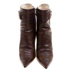 مملوكة مسبقًا Dior Brown Leather Buckle Detail Pointed Toe Ankle Boots Size 37