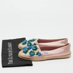 Pre Owned Dior Crepè Pink Floral Embellished Canvas Espadrille Loafers Size 38