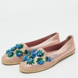 Pre Owned Dior Crepè Pink Floral Embellished Canvas Espadrille Loafers Size 38