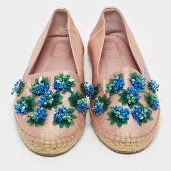 Pre Owned Dior Crepè Pink Floral Embellished Canvas Espadrille Loafers Size 38