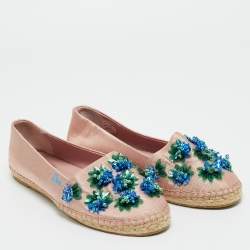 Pre Owned Dior Crepè Pink Floral Embellished Canvas Espadrille Loafers Size 38